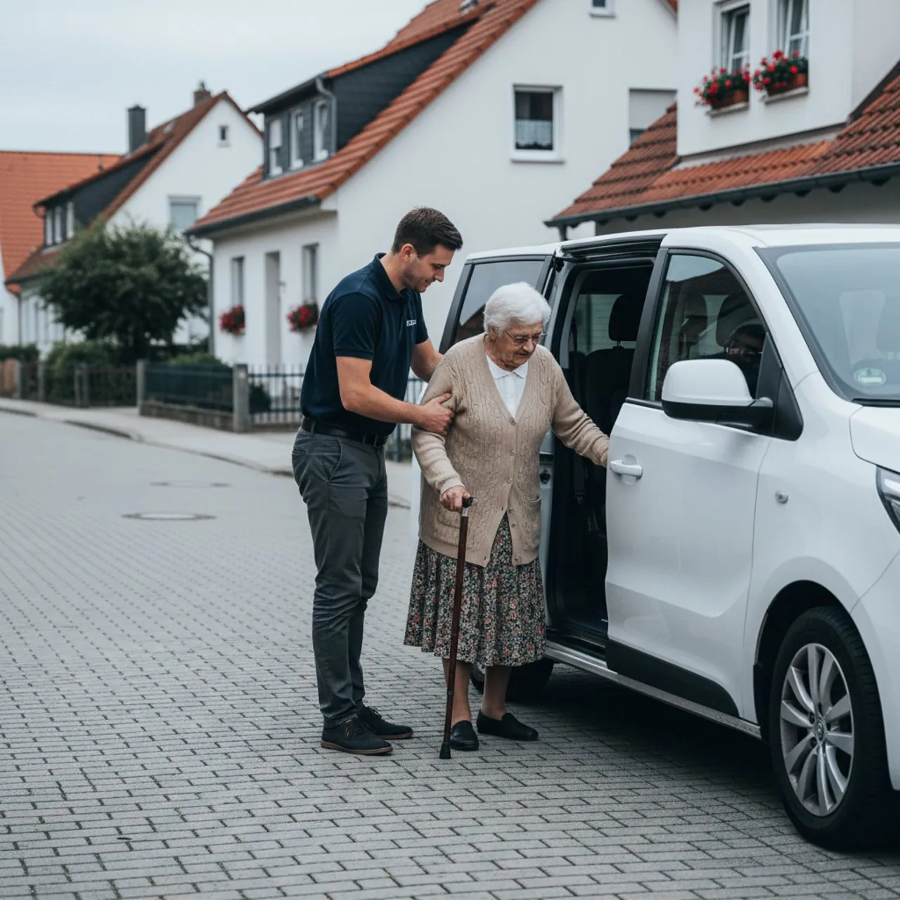 Fahrer hilft Patientin beim Einsteigen
